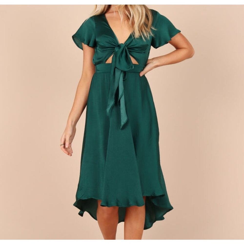 Petal & Pup Emerald Green Tie Front Midi Dress Wedding Guest Size Small